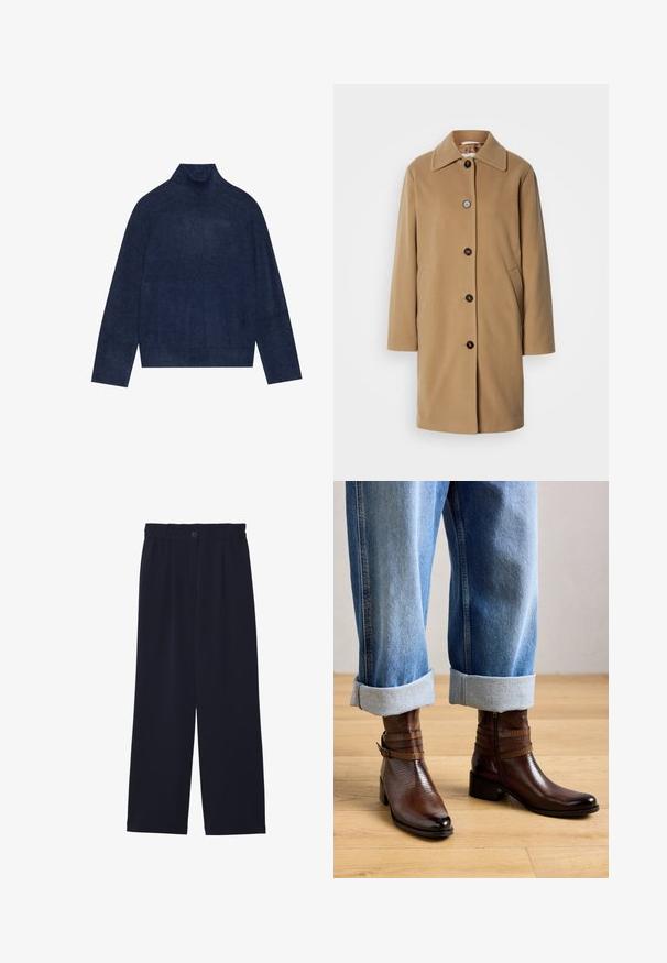 Kamelfarvet uldfrakke med lige snit, stort krave og fem mørke knapper. Inkluderer sidelommer og en blød tekstur.; Mørkeblå rullekrave sweater med ribbet detaljering på kraven og ærmerne, lavet af et blødt, struktureret strikket stof med en afslappet silhuet.; Marineblå brede bukser med en glat tekstur, elastisk talje, enkel frontfold og en knaplukning i taljen.; Et par brune ankelstøvler med spænde og lynlås, bæret med opbrettede blå jeans på et lyst trægulv.
