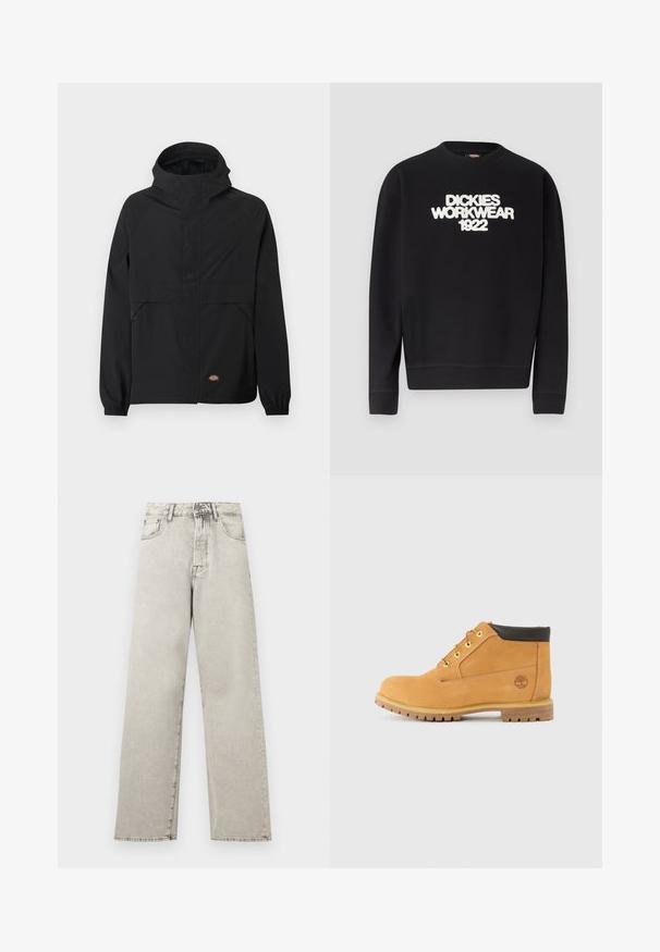 Veste à capuche noire avec fermeture éclair à l'avant, poignets élastiques, deux poches latérales zippées et petit logo de la marque près de l'ourlet sur un fond uni.; Sweat-shirt noir à col rond avec texte blanc texturé "DICKIES WORKWEAR 1922" sur la poitrine, poignets et ourlet côtelés.; Jean denim gris clair taille haute à jambes droites avec poches avant, passants pour ceinture, fermeture par bouton et zip.; Bottes mi-hautes en cuir tan avec bout rond, accents marron, œillets en métal jaune et semelle robuste. Logo Timberland embossé sur le côté.