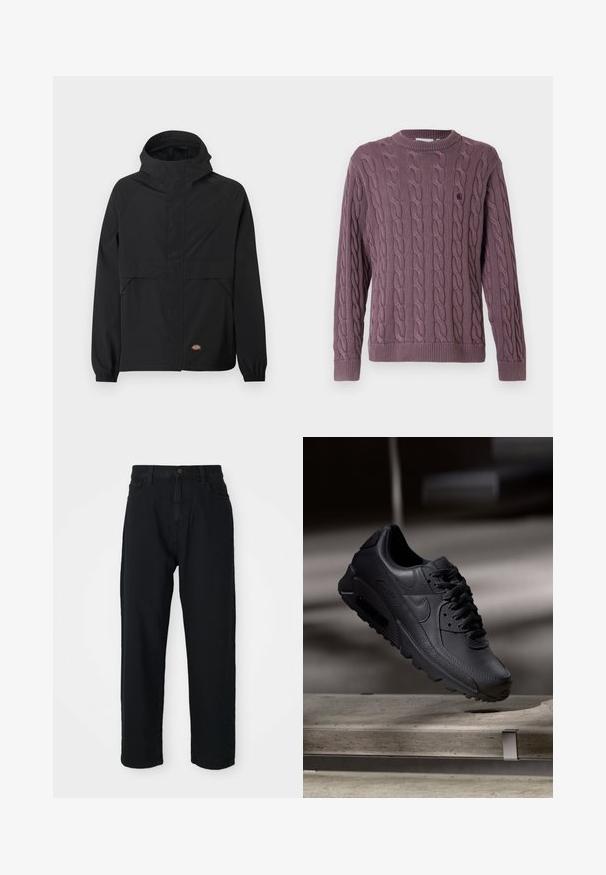 Schwarze Kapuzenjacke mit Frontreißverschluss, elastischen Bündchen, zwei seitlichen Reißverschlusstaschen und kleinem Markenlogo nahe dem Saum vor einfarbigem Hintergrund.; Strickpullover mit Zopfmuster in Mauve, mit geripptem Rundhalsausschnitt und Bündchen sowie einem kleinen Logo auf der Brust als dezentes Detail.; Schwarze Jeans mit geradem Schnitt. Verfügt über ein klassisches Fünf-Taschen-Design, Knopfverschluss und subtile Stofftextur.; Schwarze Nike Air Max Sneaker mit einem strukturierten Leder-Obermaterial, Gummisohle und auffälligem Schnürsystem, das ein schlankes, modernes Design präsentiert.