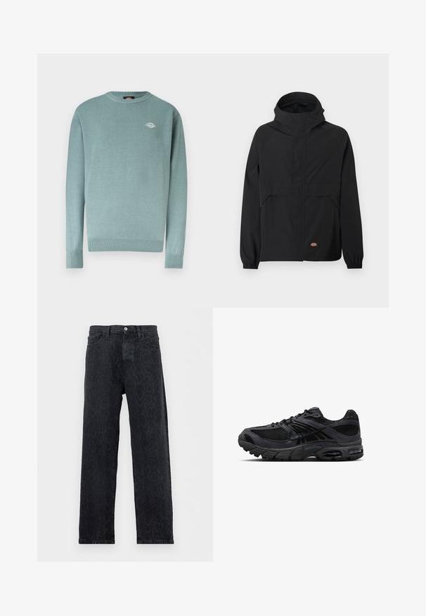 Veste à capuche noire avec fermeture éclair à l'avant, poignets élastiques, deux poches latérales zippées et petit logo de la marque près de l'ourlet sur un fond uni.; Pull à col rond bleu clair avec poignets et ourlet côtelés, arborant un petit logo blanc sur le côté gauche de la poitrine.; Jean noir à jambe droite avec un motif animalier sombre discret, fermeture par bouton et zip, et poches avant, présenté sur fond blanc.; Chaussure de course Nike noire et gris foncé avec tissu en mesh, empiècements en daim, semelle amortie et unités d'air visibles au talon et à l'avant-pied.