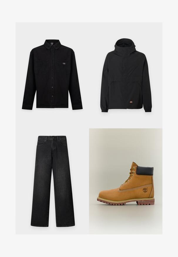 Veste à capuche noire avec fermeture éclair à l'avant, poignets élastiques, deux poches latérales zippées et petit logo de la marque près de l'ourlet sur un fond uni.; Chemise noire à manches longues boutonnée avec deux poches poitrine, dont l’une arbore un écusson coloré du logo de la marque.; Jean large en denim noir avec taille haute, design à cinq poches et fermeture frontale par un seul bouton. Texture lisse avec un minimum de détails.; Bottine en cuir marron avec col noir, lacets jaunes et semelle beige. Présente un logo et des détails de couture blanche. Semelle extérieure à traction robuste.