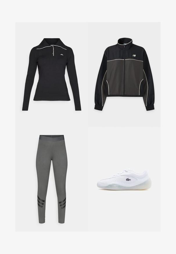 Chaqueta deportiva negra y gris oscuro con cremallera, detalles en blanco y puños elásticos, con un pequeño logo de New Balance en el pecho.; Polo negro de manga larga con textura acanalada, tapeta de tres botones y detalle de cuello blanco en contraste. Logo bordado en el pecho.; Leggings grises con una textura suave, cintura alta elástica y detalles de rayas negras en la parte inferior de las piernas.; Zapatilla blanca de caña baja con laterales perforados, suela translúcida, cordones y un logotipo de cocodrilo negro de Lacoste en el lateral exterior.