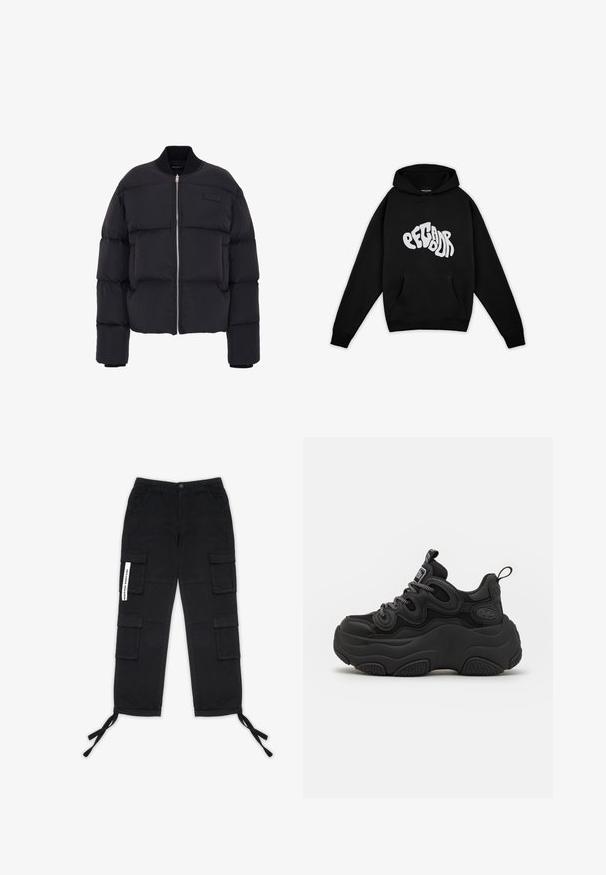 Schwarze Pufferjacke mit verkürztem Design, dickem Steppmuster, gerippten Bündchen und einem Reißverschluss vorne. Verfügt über ein Markenpatch auf der Brust.; Pegador PALUMA OVERSIZED HOODIE - Sweatshirt - black; Pegador TANAMI WIDE PANTS - Cargohose - black; Schwarzer Sneaker mit chunky Design, featuring einem strukturierten Obermaterial, Mesh-Einsätzen und einer dicken Gummisohle. Reflexionsschnürsenkel und sichtbare Markendetails.