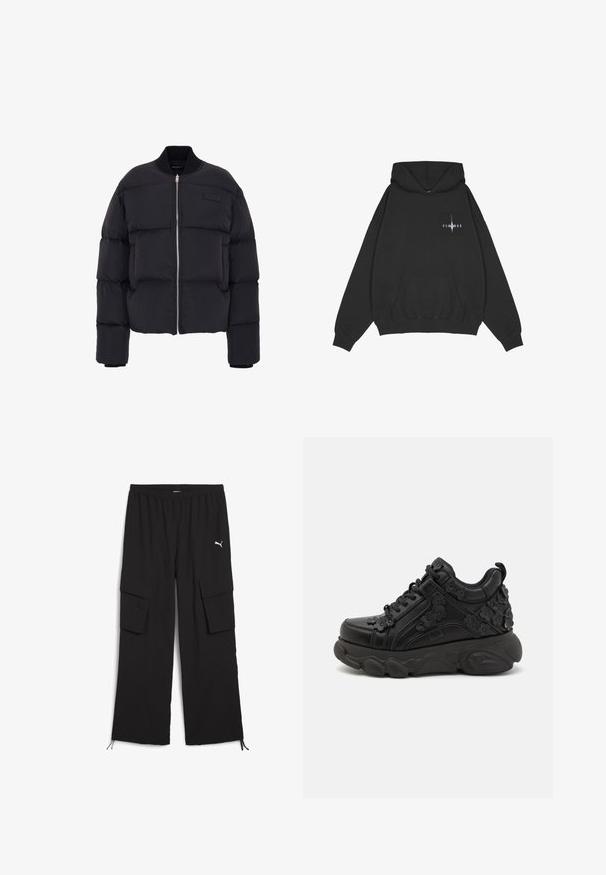 Doudoune noire au design court, épais motif matelassé, poignets côtelés et fermeture éclair à l'avant. Présente un patch de marque sur la poitrine.; Pegador Sweat à capuche - washed black; Pantalons cargo noirs avec une conception à jambes larges, taille élastique, deux poches latérales et ourlets à cordon de serrage. Présente un petit logo blanc.; Baskets noires en cuir avec des appliqués floraux, dotées d'une semelle épaisse et d'un système de laçage pour un maintien sécurisé. Détails texturés sur l'ensemble.