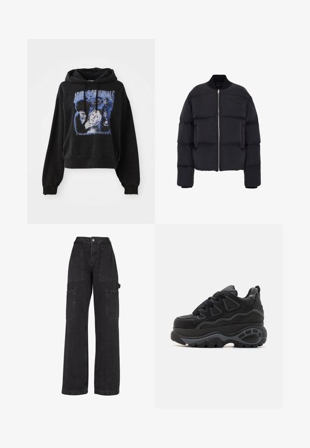 Sort pufferjakke med cropped design, tykk quiltet mønster, ribbede manchetter og lynlås foran. Har et mærke på brystet.; Sort cropped hoodie lavet af bomuld med snøre i hætten. Har et grafisk print i blå, der viser tegn og tekst.; Sorte denim cargo bukser med brede ben, flere pattes lommer og høj talje. Har knaplukning og solid syning.; Buffalo Skatesko - black