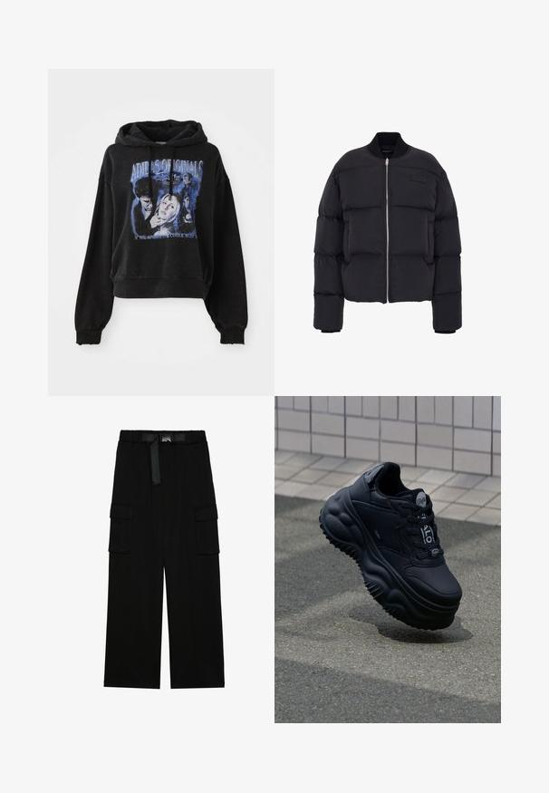 Zwarte pufferjas met een cropped ontwerp, dik gewatteerd patroon, ribgebreide manchetten en een rits aan de voorkant. Voorzien van een merkpatch op de borst.; Zwarte cropped hoodie van katoen met een capuchon en een trekkoord. Heeft een grafische print in het blauw, met afbeeldingen van personages en tekst.; Zwarte cargobroek met een wijd gesneden ontwerp, elastische tailleband met een riem, en twee grote zijzakken voor opslag.; Zwarte stevige sneakers met een glad leren bovenwerk, verhoogde zool met golvende patronen en veters voor een veilige pasvorm. Merken op de tong.