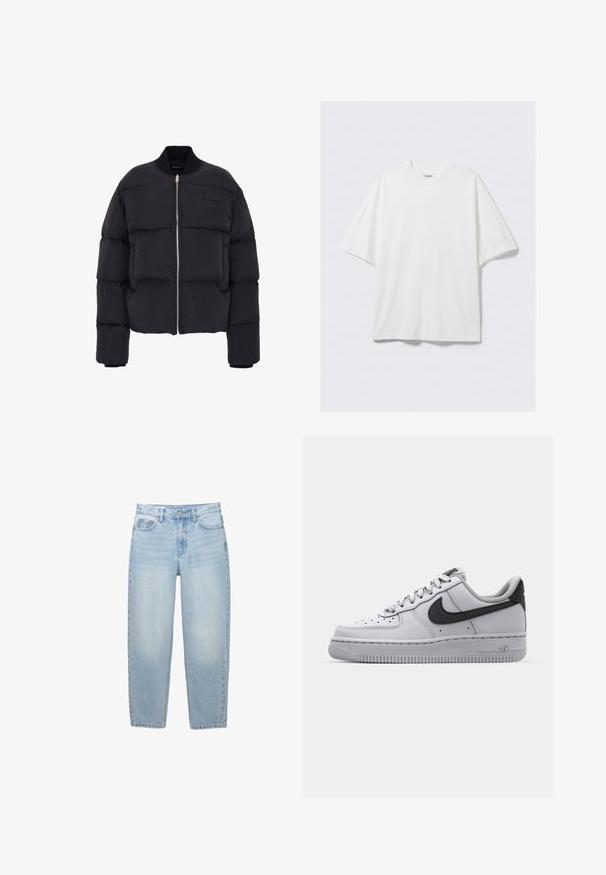 Doudoune noire au design court, épais motif matelassé, poignets côtelés et fermeture éclair à l'avant. Présente un patch de marque sur la poitrine.; T-shirt blanc surdimensionné en coton à manches courtes avec col rond et une petite étiquette de marque à l'intérieur du col.; Jean bleu clair taille haute, coupe droite, avec bouton devant, fermeture éclair, passants de ceinture et design à cinq poches sur fond blanc.; Sneaker en cuir blanc avec accents gris, bout rond, surface texturée, col rembourré et logo swoosh noir contrastant. Semelle avec coussin d'air.