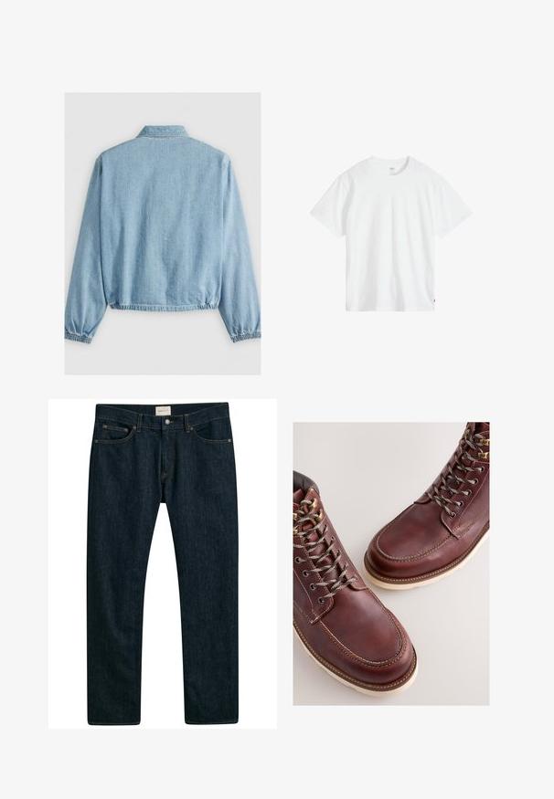 Lys blå denimjakke med krave, elastiske ærmer og en rynket underkant for en afslappet pasform. Glat tekstur med minimal detaljering.; Hvid bomulds-T-shirt med rund hals, korte ærmer og afslappet pasform. Har et lille mærke nederst til venstre.; Mørkeblå denim jeans med lige ben, fem lomme styling og kontrastsyet på sømmene. Glat stoftekstur.; Brune læderstøvler med en glat finish, med metal-øjer, grå snørebånd og en cremefarvet gummisål. Syning langs kanterne som detalje.