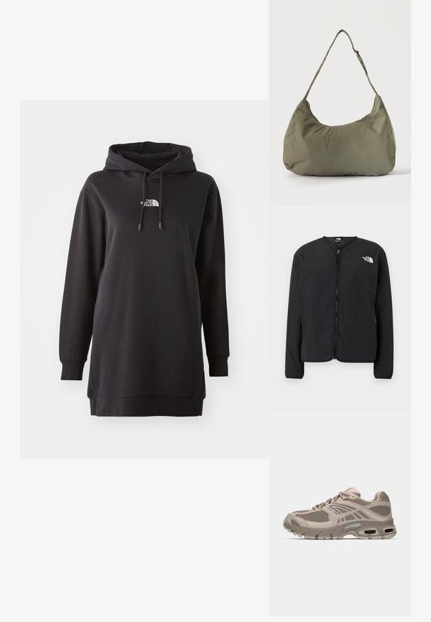Sort lynlåsjakke med rund hals, der har The North Face-logoet i hvidt på venstre bryst. Letvægtsstof, lange ærmer, ingen mønstre.; Sort hoodie kjole lavet af blødt stof, med en front kangaroo lomme, justerbar snørehætte og et lille logo på brystet.; Beige sportssko med mesh-overdel, formede detaljer, rund tå og synlig luftdækning i sålen. Snørebånd i neutral farve.; Skuldertaske i blødt olivengrønt stof med lynlås og justerbar rem på ensfarvet, lyst baggrund.
