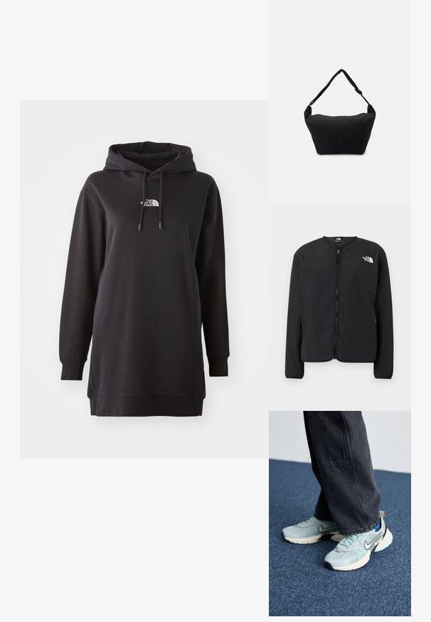 Sort lynlåsjakke med rund hals, der har The North Face-logoet i hvidt på venstre bryst. Letvægtsstof, lange ærmer, ingen mønstre.; Sort hoodie kjole lavet af blødt stof, med en front kangaroo lomme, justerbar snørehætte og et lille logo på brystet.; Lyseblå mesh Nike sneakers med struktureret finish, sort swoosh og cremefarvet mellemsål, parret med mørkegrå vide bukser.; Sort stof skuldertaske med en blød tekstureret overflade, rund form og en enkelt rem. Minimalistisk design uden synligt hardware eller accenter.