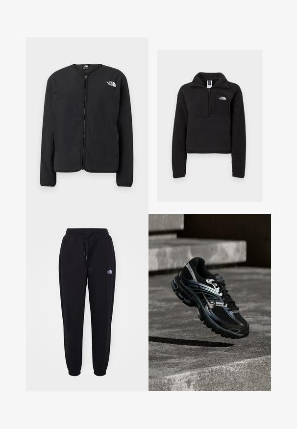 Sort lynlåsjakke med rund hals, der har The North Face-logoet i hvidt på venstre bryst. Letvægtsstof, lange ærmer, ingen mønstre.; Sort fleece pullover med en kvart lynlås, høj krave og en brystlomme med et hvidt logo. Blød tekstur og cropped design.; Sorte joggingbukser med elastisk talje og manchetter, snoretræk, sidelommer og lille hvid The North Face-logo på højre lår.; Sort og sølv Nike løbesko svævende over betontrappe, viser detaljeret design og tekstureret sål i udendørs omgivelser.