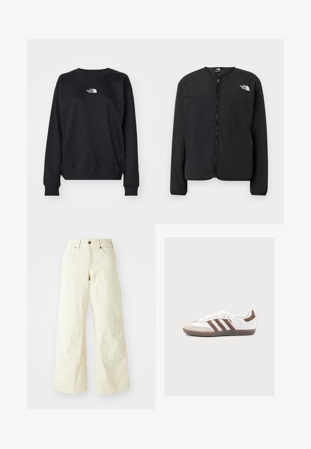 Zwarte zip-front jas met een ronde halslijn, met het witte The North Face-logo op de linkerkant van de borst. Lichtgewicht stof, lange mouwen, geen patronen.; Zwarte sweatshirt gemaakt van een katoenmengsel, met een ronde halslijn, lange mouwen, ribgebreide manchetten en een klein wit logo op de borst.; Beige wijde broekspijpen van katoen, met een hoge taille, grote zijzakken en een gladde textuur met minimale stikdetails.; Witte Adidas Samba sneaker met bruine suède strepen, bruine suède neus en gumzool op een lichtgrijze achtergrond.