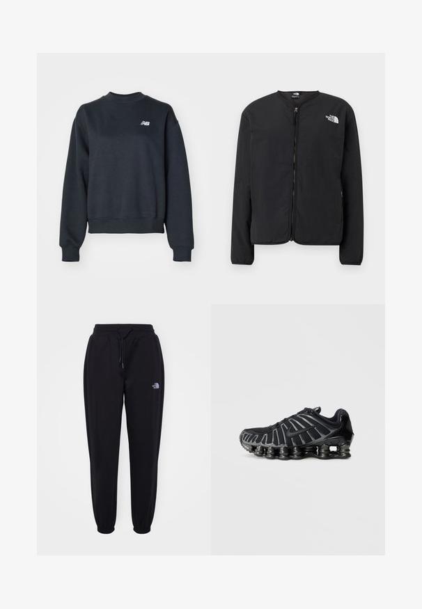 Sort lynlåsjakke med rund hals, der har The North Face-logoet i hvidt på venstre bryst. Letvægtsstof, lange ærmer, ingen mønstre.; Mørkegrå crewneck sweatshirt lavet af en bomuldsblanding. Har ribbenhalsudskæring og manchetter samt et lille hvidt logo på brystet.; Sorte joggingbukser med elastisk talje og manchetter, snoretræk, sidelommer og lille hvid The North Face-logo på højre lår.; Sort sportssko med en tekstureret mesh-overdel og en karakteristisk klodset sål med afrundede sektioner. Snørebånd og forstærket hæl for støtte.