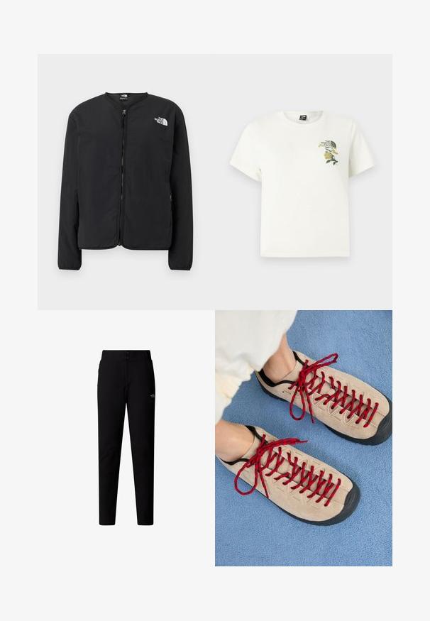 Sort lynlåsjakke med rund hals, der har The North Face-logoet i hvidt på venstre bryst. Letvægtsstof, lange ærmer, ingen mønstre.; Hvid bomuld T-shirt med korte ærmer. Indeholder grøn og gul blomsterbroderi på venstre bryst, inklusiv logo. Almindelig pasform.; The North Face W QUEST SOFTSHELL PANTS - Bukser - tnf black; Beige sko med røde snørebånd, placeret på en blå tekstureret overflade, delvist synliggørende en persons ankel. Skoene har et sporty design.