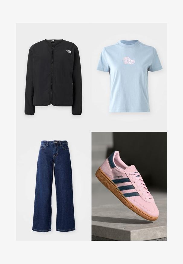 Čierna bunda s predným zipsom a okrúhlym výstrihom, s logom The North Face v bielej farbe na ľavej hrudi. Ľahký materiál, dlhé rukávy, bez vzorov.; Svetlomodré bavlnené tričko s krátkymi rukávmi a vysokým výstrihom, s malým ružovým vyšívaným dizajnom mušla na prednej strane.; Tmavomodré široké džínsy vyrobené z denimu, s uzáverom na gombík a zips, pútkami na opasok a klasickým dizajnom s piatimi vreckami.; Svetloružová semišová teniska s tmavomodrými tromi pásikmi, gumovou podrážkou a svetloružovými šnúrkami. Na boku je nápis "SPEZIAL".