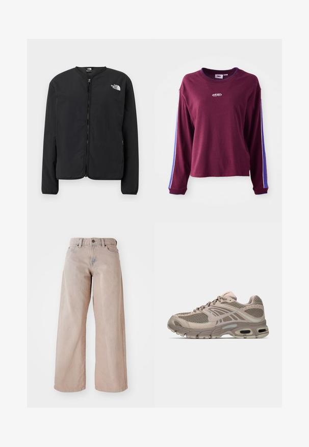 Must mustriga nööpidega jope ümmarguse kaelusega, millel on vasakul rinnal valge The North Face logo. Kerge kangas, pikad varrukad, ilma mustriteta.; Burgundia pikkade varrukatega särk, mis on valmistatud puuvillast, sinise ja valge triibuga varrukate ääres ning logo keskel. Tavaline lõige.; Bežid laiendid teksad kõrge taljega, viie tasku ja nööbiga sulgemisega. Kanga tekstuur on pehme ja esiosas on kergelt pleekinud.; Bež spordijalanöör, millel on võrgusilma ülemine osa, vormitud detailid, ümar varvas ja nähtav õhkpadjandus tallas. Paelad neutraalses toonis.