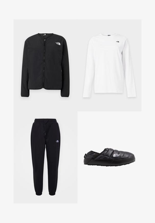 Sort lynlåsjakke med rund hals, der har The North Face-logoet i hvidt på venstre bryst. Letvægtsstof, lange ærmer, ingen mønstre.; Hvid langærmet T-shirt med rund hals og lille sort The North Face-logo på venstre bryst.; Sorte joggingbukser med elastisk talje og manchetter, snoretræk, sidelommer og lille hvid The North Face-logo på højre lår.; Sort isoleret slip-on sko med quiltet overdel, gummisål og strukturel detaljering. Har en hæltrækstrop og branding på siden.