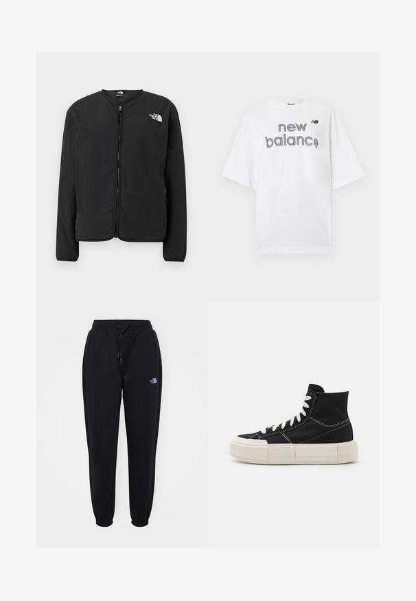 Sort lynlåsjakke med rund hals, der har The North Face-logoet i hvidt på venstre bryst. Letvægtsstof, lange ærmer, ingen mønstre.; Hvid T-shirt med korte ærmer med sort "new balance" tekst og lille "NB" logo på brystet, vist foran en ensfarvet baggrund.; Sorte joggingbukser med elastisk talje og manchetter, snoretræk, sidelommer og lille hvid The North Face-logo på højre lår.; Sorte kanvas høj-top sneakers med hvide snørebånd, tyk creme sål, kontrasterende syninger og en rund tådesign.