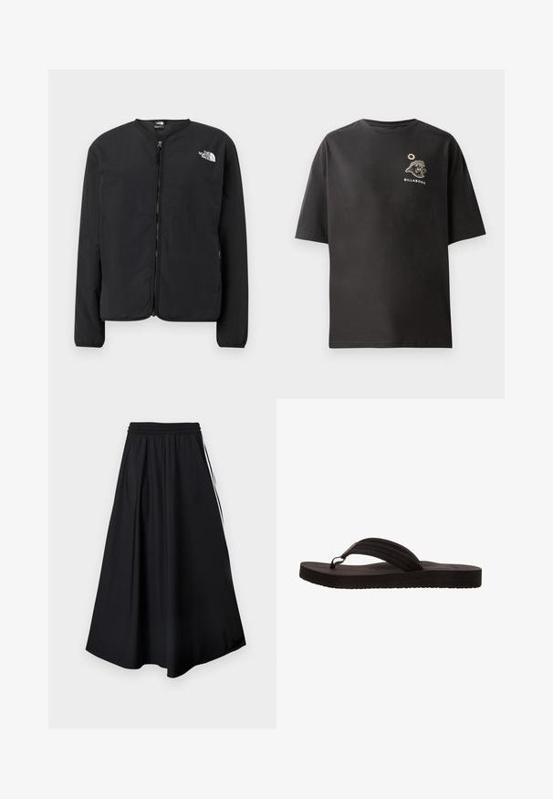 Chaqueta negra con cremallera frontal y cuello redondo, con el logo de The North Face en blanco en el lado izquierdo del pecho. Tejido ligero, mangas largas, sin patrones.; Camiseta negra de manga corta con un pequeño logo blanco de Billabong y un gráfico en el pecho. Fabricada en algodón suave con un corte relajado.; Pantalones negros de pierna ancha con cinturilla elástica y franjas blancas laterales, mostrados sobre un fondo blanco liso.; Chancla negra con suela de goma, que presenta un diseño de sola tira con tres ranuras horizontales. Textura plana y suave sin patrones adicionales.