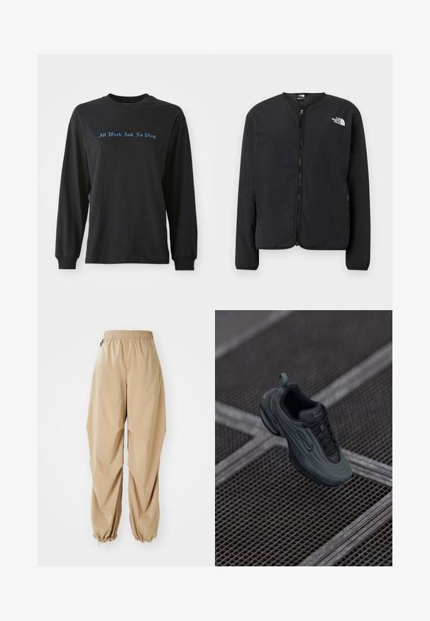 Veste noire à fermeture éclair sur le devant avec un col rond, arborant le logo The North Face en blanc sur la poitrine gauche. Tissu léger, manches longues, sans motifs.; T-shirt noir à manches longues en coton, avec le texte bleu "Tout Travail Et Pas De Jeu" dans une police décorative sur la poitrine.; Pantalons légers beige avec une taille élastique, des poignets effilés et une texture lisse, présentant une coupe décontractée et sans motifs ni embellissements visibles.; Baskets Nike Air vert foncé et noir flottant au-dessus d'un sol en grille métallique, mettant en valeur ses détails de conception sur le côté et le dessus.