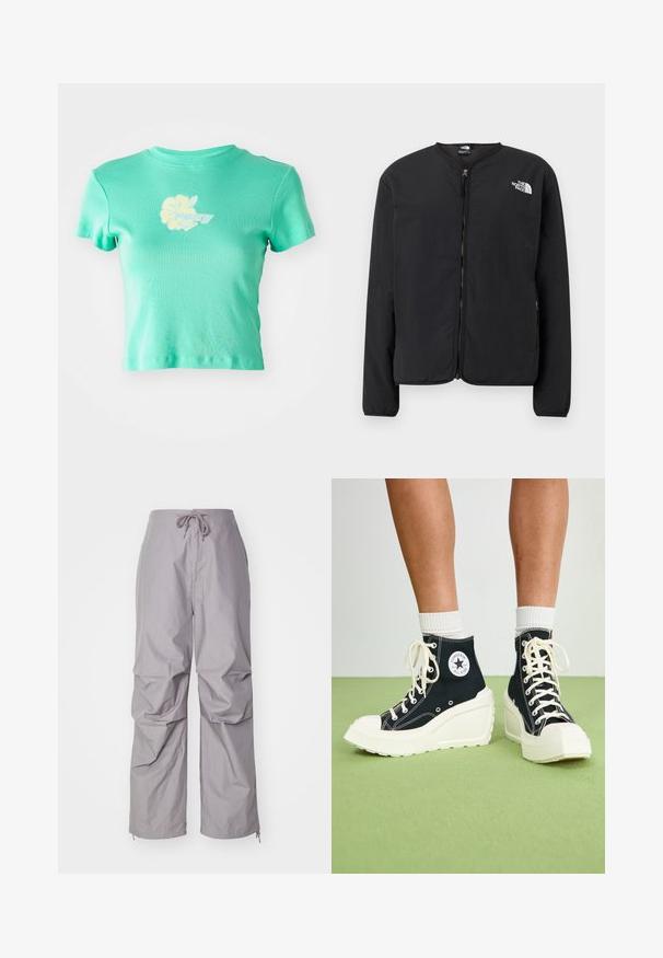 Veste noire à fermeture éclair sur le devant avec un col rond, arborant le logo The North Face en blanc sur la poitrine gauche. Tissu léger, manches longues, sans motifs.; T-shirt court en tissu teal clair avec un motif floral et le logo "ROXY" en blanc et jaune au centre devant. Manches courtes.; Pantalons gris amples en tissu léger, dotés d'une taille à cordon de serrage et de bas resserrés avec des zippers. Fini texturé.; Baskets montantes noires avec une semelle plateforme blanche surélevée, dotées de lacets blancs et d'un logo arrondi sur le côté. Matériau en toile texturée.