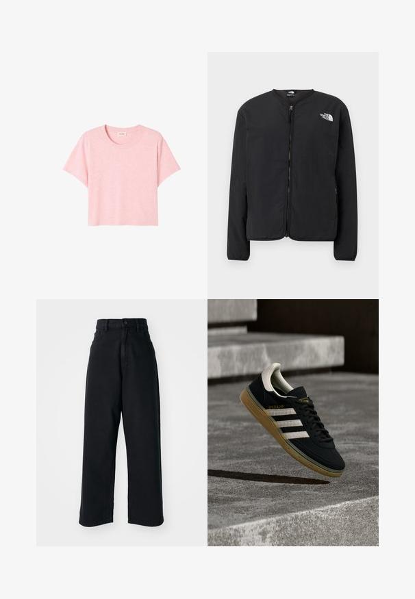 Chaqueta negra con cremallera frontal y cuello redondo, con el logo de The North Face en blanco en el lado izquierdo del pecho. Tejido ligero, mangas largas, sin patrones.; Camiseta rosa de manga corta hecha de una tela suave, con un escote redondo y un corte holgado con una ligera textura jaspeada.; Jeans anchos de tiro alto en negro, con bolsillos frontales y cierre de botón, exhibidos sobre un fondo blanco liso.; Zapatilla de ante negra con rayas blancas y logo dorado, con suela de goma texturizada color goma y una lengüeta del talón en crema contrastante.