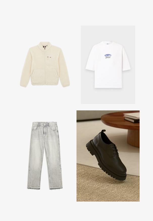 Fleecejacke in Cremefarbe mit hohem Kragen, Frontreißverschluss, zwei seitlichen Taschen und einer Brusttasche. Weicher, strukturierter Stoff.; Weißes T-Shirt mit kurzen Ärmeln, blauem ovalem Logo und schwarzem Text „bareen MM XVI“ zentriert auf der Brust, einfarbiger Hintergrund.; Hellgraue Jeans aus Denim mit leicht gefärbtem Finish, geradem Schnitt, fünf Taschen-Design und ausgefranstem Saum. Flacher Bund mit Gürtelschlaufen.; Schwarzer Lederschuh mit strukturierten Oberflächen, runder Zehenpartie, Schnürdesign und einer stabilen schwarzen Gummisohle. Schwebt über einem gewebten Teppich.