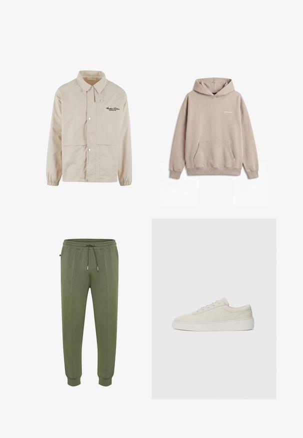 Beige jasje van gladde stof, met een corduroy kraag, drukknoopsluiting en twee vo pockets. Subtiel logo geborduurd op de borst.; Beige hoodie met voorvak en klein wit "PEGADOR" logo op de borst, geribde boorden en zoom.; Joggingbroeken in olijfgroen gemaakt van zachte stof, voorzien van een taille met trekkoord, zijzakken en geribbelde boorden voor een goede pasvorm.; Beige sneakers met een zachte suede afwerking, ronde neus en platte rubberen zool. Beschikt over vetersluiting en een minimalistisch ontwerp met subtiele stiksels.