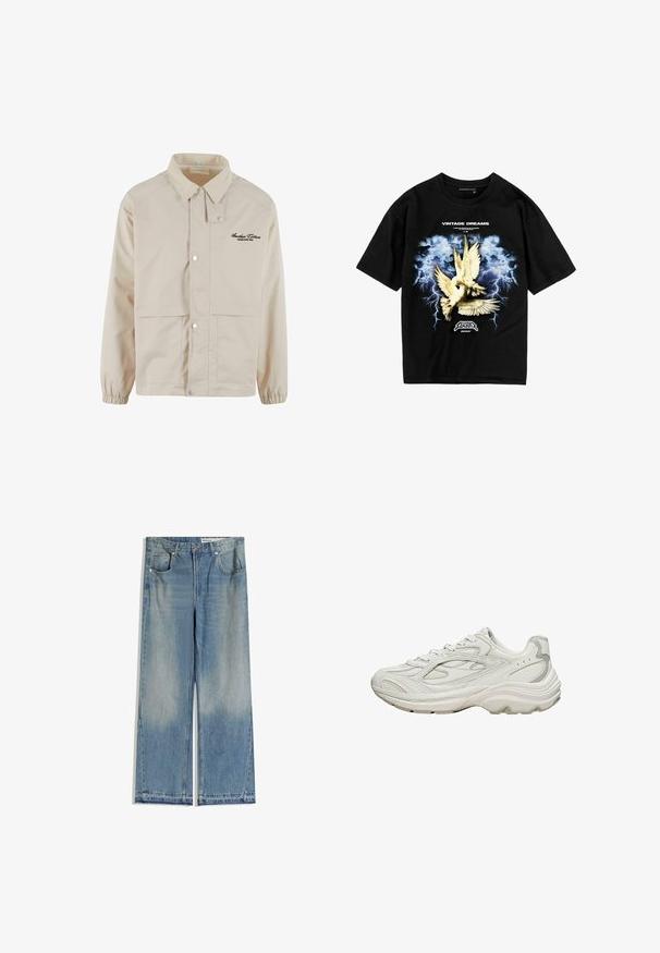 Veste beige en tissu lisse, avec un col en velours côtelé, des boutons-pression et deux poches avant. Logo subtil brodé sur la poitrine.; T-shirt en coton noir avec un design graphique de oiseaux blancs sur un fond de foudre bleue, avec le texte "RÊVES VINTAGES" en dessus.; Jean large en denim bleu clair avec un délavage, comportant deux poches avant, une fermeture par bouton et une coupe droite avec des ourlets nets.; Baskets blanches avec une tige texturée et une semelle épaisse. Elles présentent des lignes courbes, des accents gris subtils et un design à lacets.