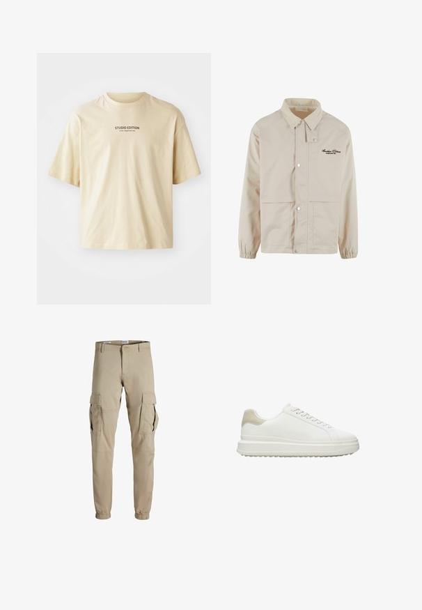 Beige jasje van gladde stof, met een corduroy kraag, drukknoopsluiting en twee vo pockets. Subtiel logo geborduurd op de borst.; Beige katoenen t-shirt met een ronde hals, korte mouwen en de tekst "STUDIO EDITION" in zwarte print over de borst.; Beige cargo pants van lichtgewicht stof, met meerdere zijzakken, elastische boorden en een standaard tailleband. Effen textuur overal.; Witte sneakers van glad leer met een gestructureerde beige hielaccent, voorzien van ronde veters, een laag profiel ontwerp en een rubberen buitenzool.