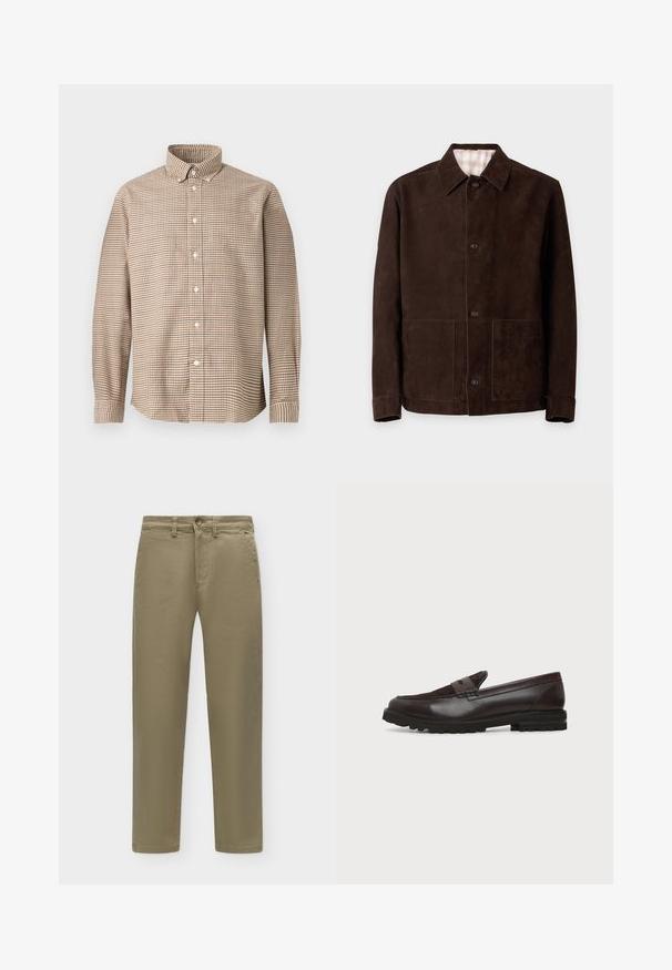 Chaqueta de ante marrón oscuro con cierre de botones, cuello abierto, mangas largas y dos bolsillos parche delanteros sobre un fondo liso claro.; Camisa de botones de manga larga a cuadros en tonos beige y marrón con cuello botones, exhibida sobre un fondo liso, vista frontal.; Pantalones caqui de corte recto con botón y cremallera, presillas para cinturón y bolsillos laterales sobre un fondo liso y claro.; Mocasín tipo penny de cuero y ante marrón oscuro con suela gruesa de goma negra, perfil lateral sobre fondo blanco.