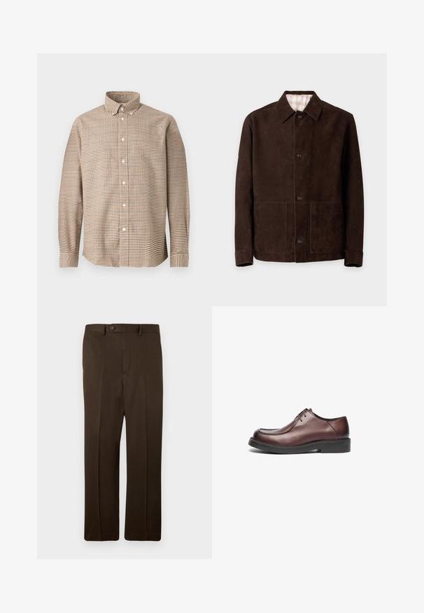 Chaqueta de ante marrón oscuro con cierre de botones, cuello abierto, mangas largas y dos bolsillos parche delanteros sobre un fondo liso claro.; Camisa de botones de manga larga a cuadros en tonos beige y marrón con cuello botones, exhibida sobre un fondo liso, vista frontal.; Pantalones formales de hombre de color marrón oscuro, de pierna recta, con trabillas para cinturón, botón frontal y cierre de cremallera oculto.; Zapato de vestir de cuero marrón con punta redonda, costuras visibles y una suela baja de goma negra; diseño de cordones. Textura suave en todo el zapato.