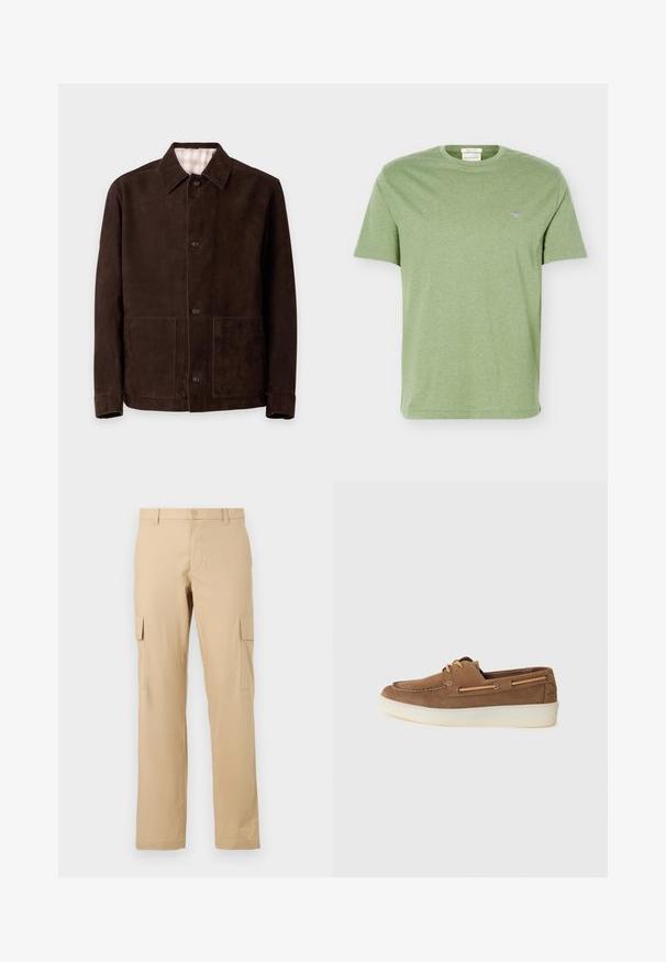 Chaqueta de ante marrón oscuro con cierre de botones, cuello abierto, mangas largas y dos bolsillos parche delanteros sobre un fondo liso claro.; Camiseta de algodón de manga corta en verde claro, con cuello redondo y pequeño logo bordado en el pecho izquierdo.; Pantalones cargo beige de algodón con corte recto, que presentan bolsillos laterales y un cierre de botón en la cintura. Textura suave, sin patrones.; Zapatos de barco de ante marrón con suela de goma crema, detalles de cordones y costuras de contraste, que presentan un diseño de perfil bajo y una construcción ligera.