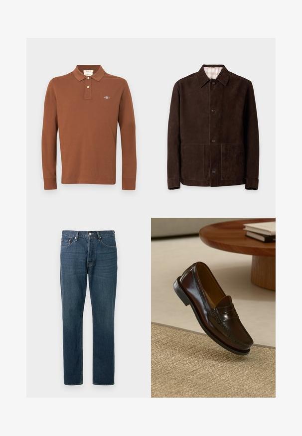 Veste en daim marron foncé avec fermeture à boutons sur le devant, col étalé, manches longues et deux poches plaquées devant sur un fond uni clair.; Polo marron à manches longues en coton avec une patte de boutonnage à trois boutons et un logo brodé sur la poitrine. Texture lisse.; Jean en denim bleu foncé avec une coupe droite, cinq poches et des coutures apparentes. Doté d'un bouton en métal et d'une fermeture éclair.; Mocassins en cuir marron au fini brillant, avec un détail cousu sur le devant et une semelle en caoutchouc noir à profil bas.