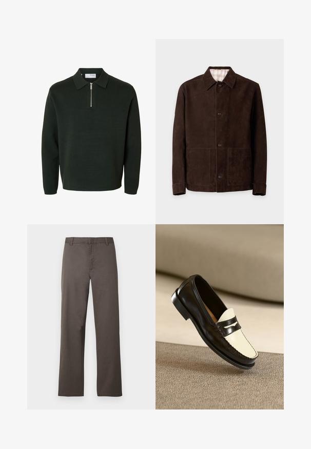 Chaqueta de ante marrón oscuro con cierre de botones, cuello abierto, mangas largas y dos bolsillos parche delanteros sobre un fondo liso claro.; Suéter tipo polo de manga larga verde oscuro con cuello con cremallera y dobladillo recto.; Pantalones de algodón marrón con diseño de pierna recta, con trabillas para cinturón y textura suave. Sin patrones visibles ni detalles de herrajes.; Mocasines de cuero negro con un vampiro color crema y rayas de acento negras, presentando un tacón bajo y costuras detalladas a lo largo de los bordes.