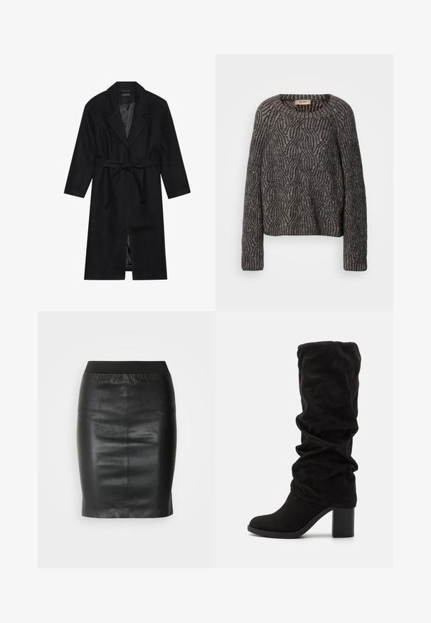 Manteau en laine noir avec un col à revers, des manches longues et une ceinture à nouer à la taille. Présente une coupe droite et une doublure intérieure lisse.; Pull en maille surdimensionné en gris foncé et noir. Présente un motif en vagues avec un léger scintillement et des poignets côtelés. Encolure ras du cou et coupe décontractée.; Jupe crayon noire en cuir lisse, dotée d'une taille élastique pour une silhouette ajustée et un design minimaliste.; Anna Field by Zalando Bottes - black