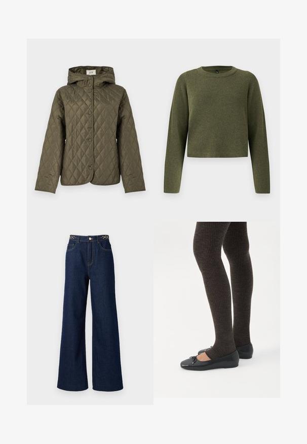Chaqueta acolchada de color verde oliva con capucha, con cierres de botones a presión, mangas largas y un acabado liso y texturizado.; Suéter verde corto con mangas largas, hecho de tela de punto texturizada. Presenta un escote redondo y un diseño minimalista.; Los pantalones vaqueros de pierna ancha de denim azul oscuro cuentan con una cintura alta, acentos de cadena dorada en la pretina y detalles de costura en contraste a lo largo de la prenda.; Piernas con leggings oscuros acanalados combinados con bailarinas negras que presentan pequeños detalles de lazo sobre un fondo blanco.