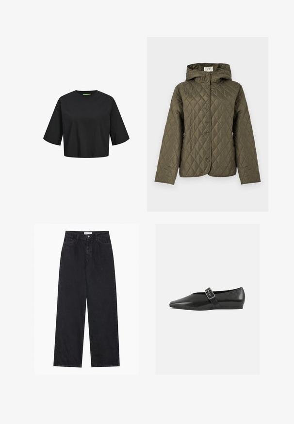 Quiltet olivengrøn jakke med hætte, der har trykknapslukning, lange ærmer og en glat, tekstureret overflade.; Sort bomulds cropped t-shirt med rund hals, korte ærmer og en grøn label detalje ved halsudskæringen. Glat, blød tekstur.; Sorte højtaljede bredbenede denimjeans med frontknap og lynlås, bæltestropper og fem-lomme stil.; Sorte læder flade sko med spidse tæer, prydet med en metallisk spænde over vristen og en lav, fleksibel sål.