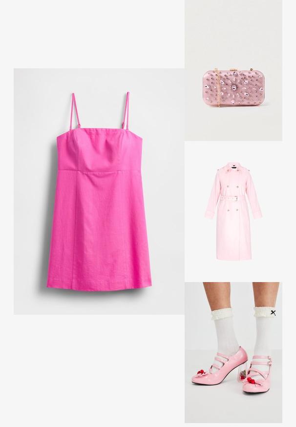Lys pink trenchcoat lavet af glat stof, med dobbeltknaplukning, bælte og store lommer. Lange ærmer med manchetter.; Lyserød ærmeløs kjole med tynde stropper, en tætsiddende overdel og et løstsiddende skørt. Fremstillet af letvægtsstof med en glat tekstur.; Lyserøde laklæderhæle med rund tå, tre remme og kirsebærpynt. Klart blokhæl med blomsterdekorationer. Hvide ribbede sokker.; Lyserød satin clutch med juvelbesætninger, rektangulær form, guld kæde og lås, prydet med et blomstermotiv i rhinsten.
