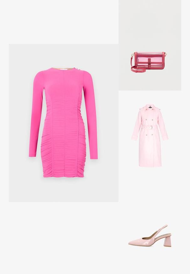 Trench coat rosa claro hecho de tela suave, con botones de doble botonadura, un cinturón y bolsillos grandes. Mangas largas con detalles en los puños.; Vestido ajustado de manga larga en un vibrante color rosa. Presenta textura fruncida, escote redondo y detalles laterales con un pequeño acento metálico.; Bianco Tacones - dusty pink; Bolso de hombro rectangular transparente rosa con cierre de solapa y correa ajustable, colocado sobre un fondo claro y sencillo.
