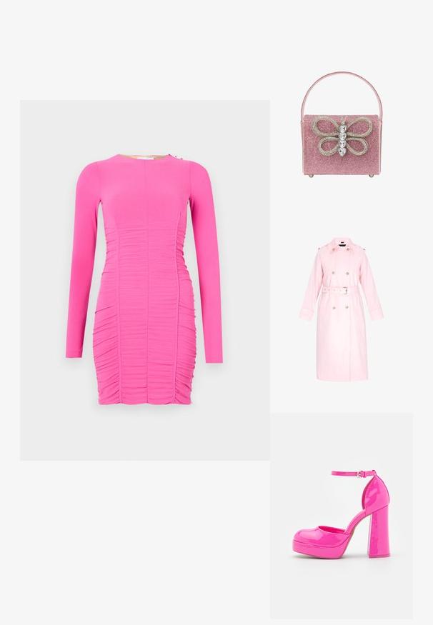 Lys pink trenchcoat lavet af glat stof, med dobbeltknaplukning, bælte og store lommer. Lange ærmer med manchetter.; Figurtilpasset kjole med lange ærmer i lysende pink. Har rynket tekstur, rund halsudskæring og sidelæg med en lille metallisk detalje.; Call it Spring ANABELLE - Plateaupumps - dark pink; Lyserød, glitrende taske med et fremtrædende sommerfugle-design og rhinestone-detaljer, rektangulær form og flad håndtag.