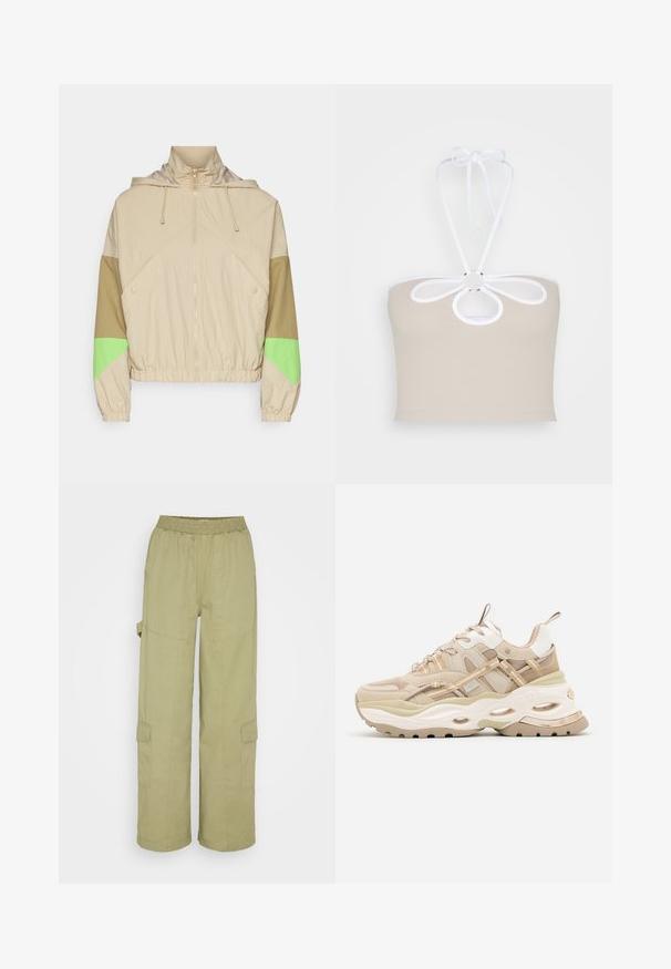 Beige jakke med hætte, der har grønne og brune farveblokke, lynlås i midten, elastiske manchetter og en snøre i kanten. Tekstureret stof.; Even&Odd by Zalando Top - taupe; Cotton On QUINN PANT - Cargobukser - moss green; Beige og hvide chunky sneakers med tyk sål, mesh- og læderpaneler, ovale udskæringer i mellemsålen, trækstropper på tunge og hæl.