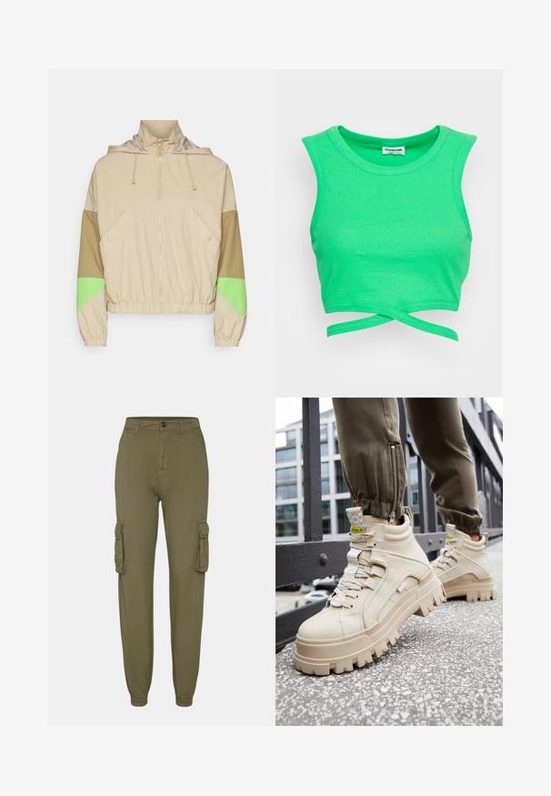 Veste beige avec capuche, présentant des blocs de couleur verts et bruns, une fermeture éclair au centre, des poignets élastiques et un ourlet resserré. Tissu texturé.; Crop top vert à rayures avec design sans manches et col rond. Présente une fermeture style enveloppant à la taille. Tissu texturé.; Pantalons cargo vert olive en tissu doux, dotés de deux poches latérales, de poignets élastiques et d'une fermeture par bouton à l'avant.; Baskets montantes beiges avec une semelle épaisse et texturée, un design à lacets et des étiquettes accent jaune. Tige en cuir texturé avec des coutures contrastées.