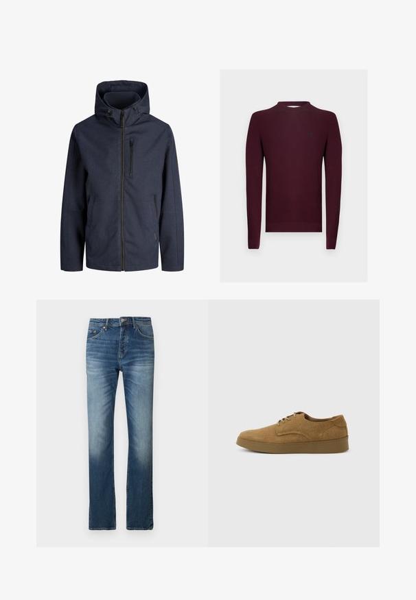 Veste à capuche bleu marine avec fermeture éclair complète à l'avant, poche poitrine zippée et deux poches latérales. Tissu simple et résistant aux intempéries.; Pull en tricot bordeaux à manches longues, texture côtelée, et encolure ronde. Petit logo sur la poitrine gauche.; Jean en denim bleu avec une coupe droite. Présente un léger délavage, un design à cinq poches et une fermeture à bouton à la taille.; Chaussure décontractée à lacets en daim marron avec semelle en caoutchouc plate, vue de côté sur un fond clair uni.