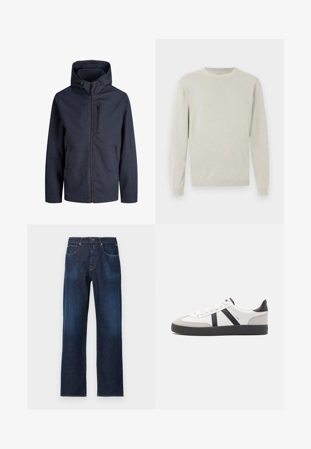 Veste à capuche bleu marine avec fermeture éclair complète à l'avant, poche poitrine zippée et deux poches latérales. Tissu simple et résistant aux intempéries.; Pull gris clair en maille douce, avec un col rond, des manches longues et des poignets et ourlet côtelés. Design simple et sans ornement.; Jean droit en denim bleu foncé avec poches avant, passants de ceinture et fermeture par bouton sur un fond uni.; Baskets blanches avec des accents noirs et gris, présentant un embout texturé gris, une semelle en caoutchouc noir et des lacets plats blancs. Design épuré, style minimaliste.