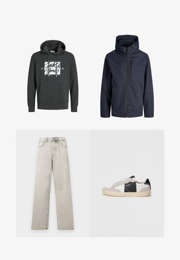 Marineblaue Kapuzenjacke mit durchgehendem Frontreißverschluss, Reißverschlusstasche auf der Brust und zwei seitlichen Taschen. Einfacher, wetterfester Stoff.; Dunkelgrauer Hoodie aus weichem Material, mit einer Fronttasche, Kapuze mit Kordelzug und einem großen weißen Grafiklogo auf der Brust.; Hellgraue, hochtaillierte Jeans mit geradem Bein, Fronttaschen, Gürtelschlaufen sowie Knopf- und Reißverschluss.; Weiße und graue Low-Top-Sneaker aus Wildleder und Leder. Mit einem schwarzen Akzent, weißen Nähten und einer Gummisohle.