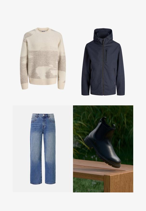 Chaqueta azul marino con capucha, cremallera completa en la parte delantera, bolsillo en el pecho con cremallera y dos bolsillos laterales. Tejido simple y resistente al clima.; Jersey de lana con patrón en crema y gris claro, de manga larga, cuello redondo, puños y dobladillo acanalados, con etiqueta Jack & Jones.; Jeans de mezclilla de pierna ancha en azul claro con un patrón de desvanecimiento, cinco bolsillos y cierre de cremallera. Presenta un botón y passadores para el cinturón en la cintura.; Bota Chelsea de cuero negro con punta redonda, paneles laterales elásticos, tiradores y suela de goma texturizada, colocada sobre una superficie de madera.