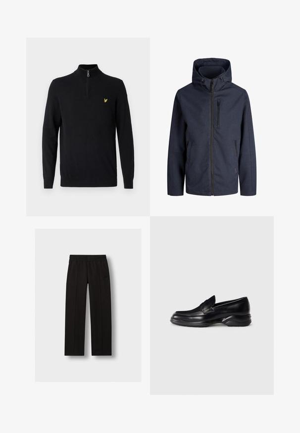 Marineblå hættejakke med fuld lynlås foran, lynlåslomme på brystet og to sidelommer. Enkel, vejrbestandig stof.; Sort zip-hals sweater lavet af et glat stof, med lange ærmer og et lille gult logo på venstre bryst.; Sorte bukser med lige ben, elastisk talje og diskrete syede folder, vist på en ensartet lys baggrund.; Sorte læder loafers med en lav, tekstureret gummisål og et syet design på overdelen. Har en rund tå og minimale udsmykninger.