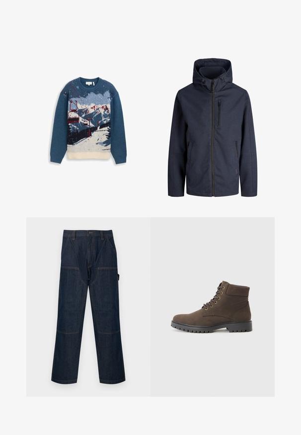 Marineblaue Kapuzenjacke mit durchgehendem Frontreißverschluss, Reißverschlusstasche auf der Brust und zwei seitlichen Taschen. Einfacher, wetterfester Stoff.; Pullover mit einem gestrickten Bergmotiv und Skiliften. Hauptsächlich blau mit weißen, roten und grauen Akzenten. Rundhalsausschnitt und lange Ärmel.; Dunkelblaue Jeans-Arbeitshose mit geraden Beinen, verstärkten Kniepatches, Seitentaschen, Gürtelschlaufen und einem vorderen Knopfverschluss.; Braune Wildleder-Stiefeletten mit runder Zehenpartie, Schnürung vorne, metallenen Ösen und einer robusten schwarzen Gummisohle mit Profil.