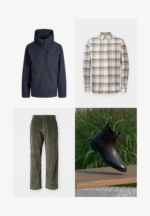 Marineblå hættejakke med fuld lynlås foran, lynlåslomme på brystet og to sidelommer. Enkel, vejrbestandig stof.; Langærmet skjorte med knapper i beige med et sort og brunt ternet mønster. Har en klassisk krave og hvide knapper. Blødt stof.; Olivengrønne fløjlsbukser med lodrette ribber, der har knaplukning og lige ben. Blød tekstur med en klassisk pasform.; Sorte læder Chelsea-boots med tekstureret finish, elastiske sidepaneler og løftestropper. Holdbar sål og slank spids tådesign.